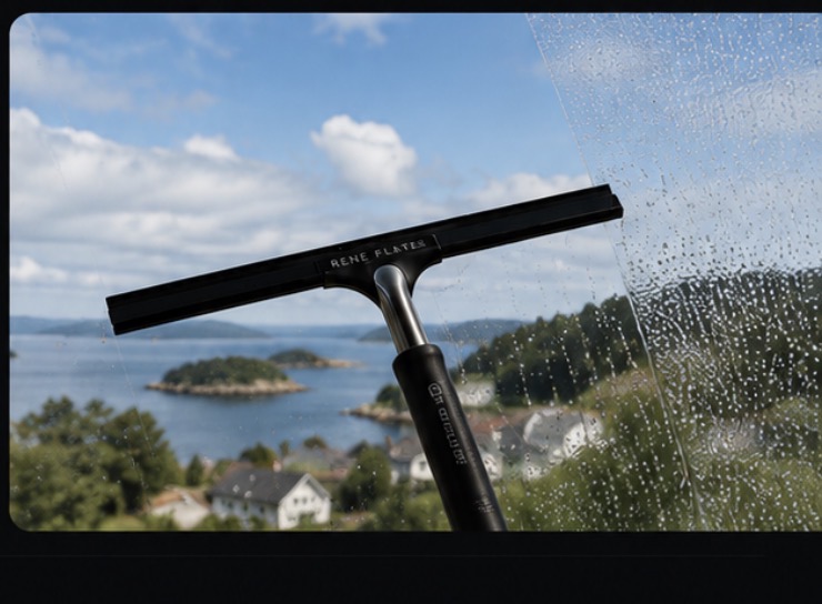 Vindusnal på vått glass med utsikt mot sjø og øyer